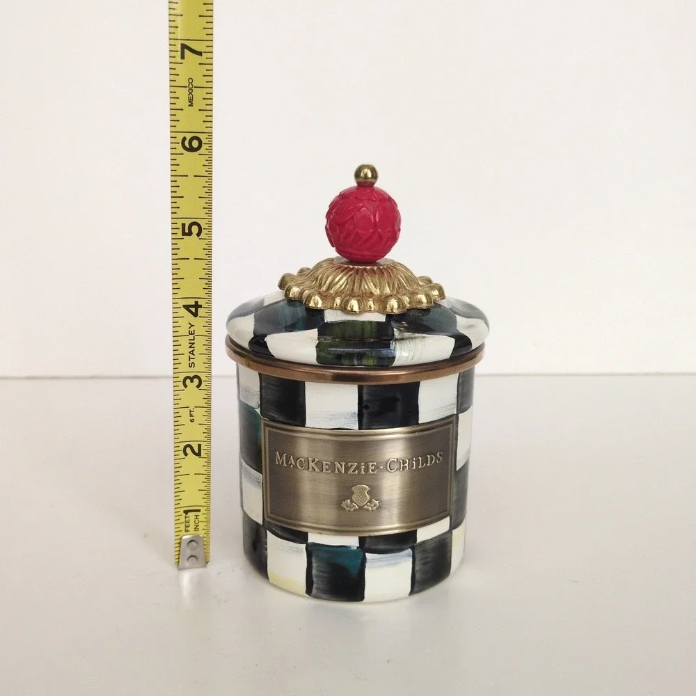 MacKenzie Childs Courtly Check Enamel Canister Small Metal Black White Jar 5.75